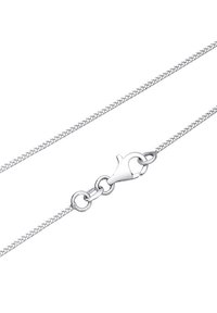 Silberne Kettenhalskette mit einer strukturierten, gewebten Optik, ausgestattet mit einem Karabinerverschluss und runden Gliedern für eine verstellbare Länge.
