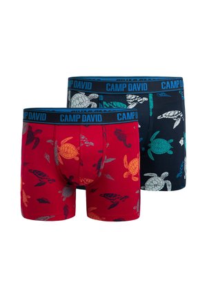 Shirtless man with short dark hair wearing red boxer briefs with sea turtle and seahorse patterns, hand resting on neck, neutral background.