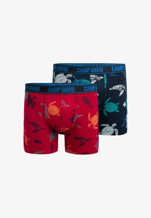 Shirtless man with short dark hair wearing red boxer briefs with sea turtle and seahorse patterns, hand resting on neck, neutral background.