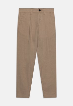 Pantaloni beige con una texture liscia, dotati di chiusura a un bottone, tasche laterali e una vestibilità ampia. Le pieghe scorrono lungo la parte anteriore.