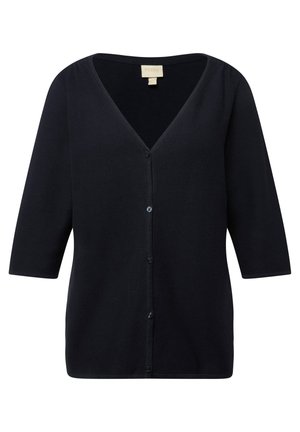 Mørkeblå cardigan med trekvartlange ærmer, V-hals og knaplukning foran. Lavet af et blødt, tekstureret strikstof.