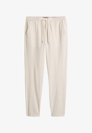 Beige Freizeithose mit elastischem Bund, Kordelzug und Seitentaschen, aus leichtem Stoff gefertigt.