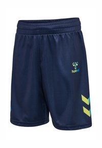 Navy blue sports shorts with elastic waistband, featuring a small multicolored hummel logo and two angled yellow and blue stripes on one leg.