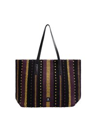 Borsa a tracolla realizzata in tessuto intrecciato a righe nere, viola e gialle, con texture a contrasto e due lunghe maniglie in pelle nere.