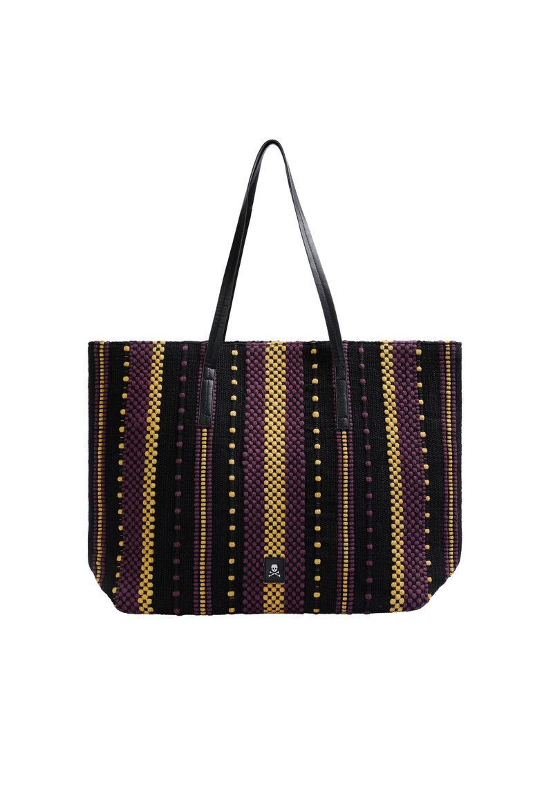 Borsa a tracolla realizzata in tessuto intrecciato a righe nere, viola e gialle, con texture a contrasto e due lunghe maniglie in pelle nere.