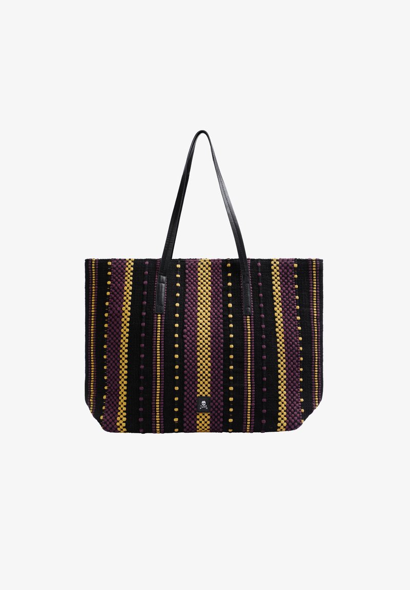 Borsa a tracolla realizzata in tessuto intrecciato a righe nere, viola e gialle, con texture a contrasto e due lunghe maniglie in pelle nere.