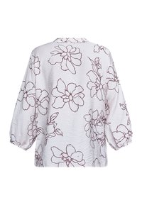 Hvid bluse med burgunderfarvet blomstermønster, afslappet pasform, 3/4 lange ærmer og tekstureret stof. Har rund halsudskæring og elastiske ærmeafslutninger.