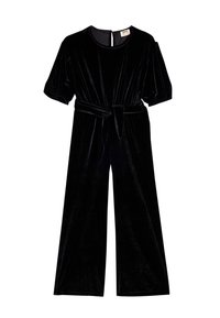 Zwarte fluwelen jumpsuit met korte pofmouwen, een ronde halslijn en een aangesnoerde taille met een bijpassende strikriem. Wijde pijpen.