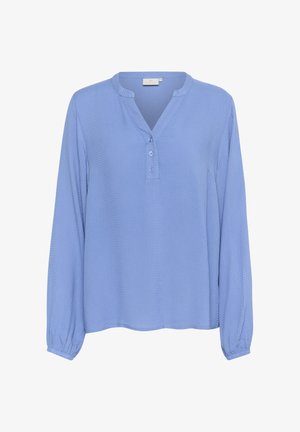 Light blue long-sleeve shirt in textured fabric, featuring a notch collar and three-button placket, with gathered cuffs.