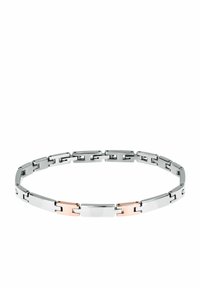 Bracciale in metallo caratterizzato da link rettangolari alternati in tonalità argento e oro rosa, con una finitura liscia e lucida e un design piatto.