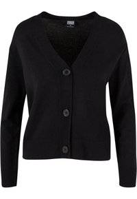 Cardigan noir en tissu tricoté doux, avec un col en V, des manches longues et trois grands boutons sur le devant. Détails de l'ourlet côtelé.