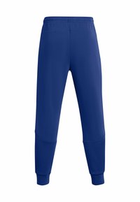 Blauwe joggingsbroek met elastische tailleband en cuffs op de enkels, met subtiele naden op de knieën, weergegeven frontaal op een witte achtergrond.