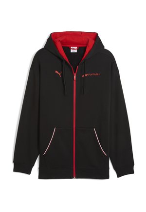 Sort hættetrøje med rød indvendig foring, hvide accentuerede lommer og en frontlynlås. Har Puma og Formel 1 branding.