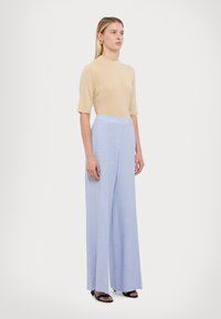 Beige gemêleerde top met korte mouwen, gecombineerd met lichtblauwe, wijde broek. De outfit heeft een gladde textuur en een op maat gesneden silhouet.