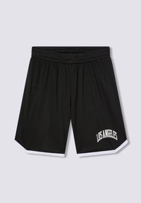 Pantaloni corti in rete neri con un elastico in vita, dettagli bianchi all'orlo e testo "LOS ANGELES" in bianco sul lato inferiore.