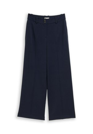 Granatowe spodnie o szerokich nogawkach z pętlami na pasek, dwoma guzikami z przodu oraz czystym, eleganckim krojem.