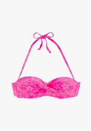 Roze bandeau bikini-top met een bloemenpatroon, voorzien van een twistdesign en gestrikte bandjes voor een verstelbare pasvorm. Glad, rekbaar materiaal.