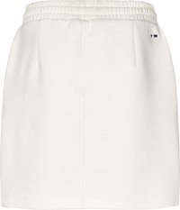 Bela mini krila z elastičnim pasom, nežnimi naborki in majhno pravokotno rdečo, belo in modro oznako na zgornji desni strani.