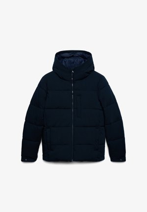 Dunkelmarineblaue gepolsterte Jacke mit Frontreißverschluss, hohem Kragen, zwei seitlichen Taschen, Brusttasche und verstellbaren Bündchen.