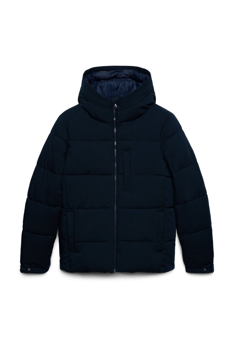 Giacca imbottita di colore blu navy scuro con zip frontale, colletto alto, due tasche laterali, tasca sul petto e polsini regolabili.