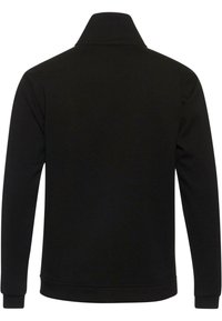 Sort sweatshirt med høj krave, lange ærmer, glat tekstur, ribbede manchetter og forneden uden synlig branding eller mønstre.