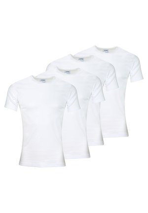 Pack de quatre t-shirts en coton blanc à manches courtes, col rond et texture lisse, sans motifs ni accents visibles.
