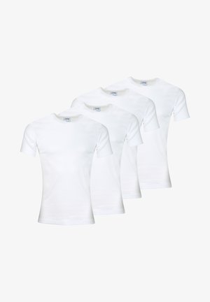 Pack de quatre t-shirts en coton blanc à manches courtes, col rond et texture lisse, sans motifs ni accents visibles.