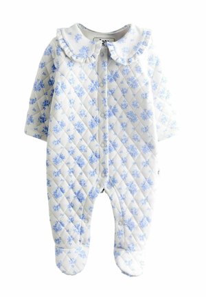 Romper per bambino trapuntato in bianco con motivo floreale blu. Presenta un colletto arricciato e chiusura a scatto frontale. Design con piedi per maggiore calore.