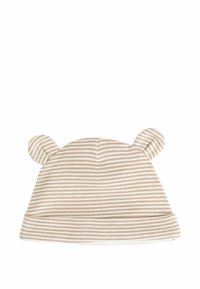 Bonnet en coton rayé beige et blanc, avec des accents d'oreilles arrondies sur les côtés, texture douce et ajustement confortable.
