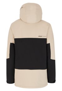 Beige en zwart kleurgeblokte jas met een capuchon, gestructureerde stof en logodetail op de achterkant. Lange mouwen met verstelbare manchetten.
