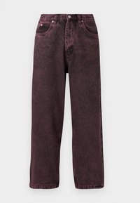 High-waisted straight-leg jeans in faded dark burgundy with front pockets, belt loops, and a button closure.