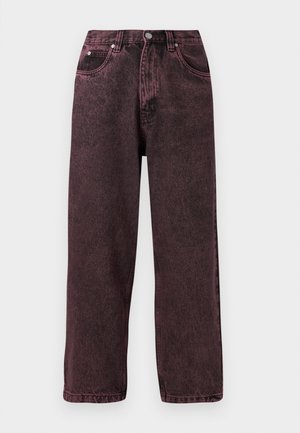 High-waisted straight-leg jeans in faded dark burgundy with front pockets, belt loops, and a button closure.