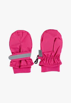 Pink insulated mittens made from soft material, featuring elastic cuffs, reflective gray straps, and a hook for easy attachment.
