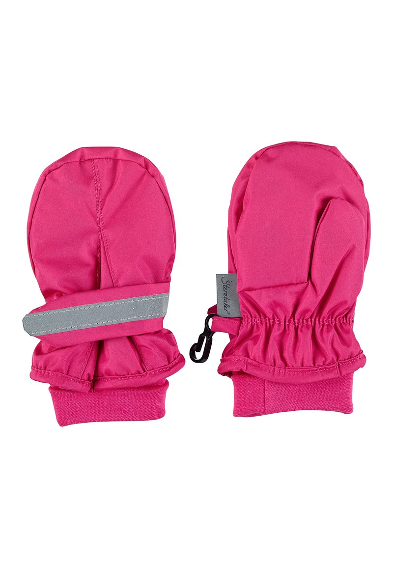 Pink insulated mittens made from soft material, featuring elastic cuffs, reflective gray straps, and a hook for easy attachment.