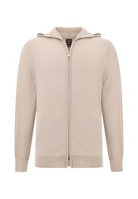 Béžová pletená mikina na zips s predným zipsom, dvoma vreckami, rebrovanými manžetami a lemu, a kapucňou. Hladká textura s minimalistickým dizajnom.