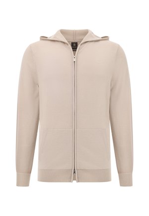 Béžová pletená mikina na zips s predným zipsom, dvoma vreckami, rebrovanými manžetami a lemu, a kapucňou. Hladká textura s minimalistickým dizajnom.