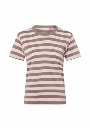 Striped t-shirt in light pink and brown, made of pure cotton. Features a round neckline and short sleeves with horizontal stripes pattern.