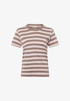 Striped t-shirt in light pink and brown, made of pure cotton. Features a round neckline and short sleeves with horizontal stripes pattern.