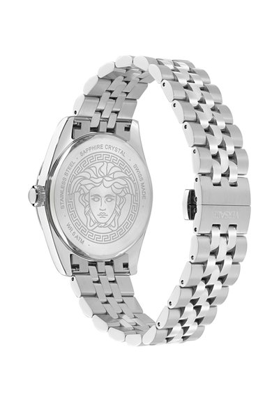 Horloge van roestvrij staal met geschakelde armband, gegraveerd Medusa-hoofd aan de achterkant, saffierkristal, Zwitsers fabricaat, waterbestendig tot 5 ATM, Versace-sluiting.