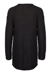 Mustavilla neulepaidalla on rento malli, pitkät hihat ja pyöreä kaula-aukko. Siinä on teksturoitu kuviointi koko paidassa.