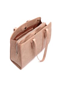 Tote-väska i syntetläder i tan-färg med dubbla handtag, dragkedjeavdelningar och en slät yta; har en innerficka och magnetisk stängning.