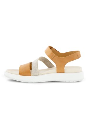 Braune Leder-Sandale mit elastischen Riemen, konturiertem Fußbett und weißer Gummisohle. Verfügt über ein minimalistisches Design und ein flaches Profil.
