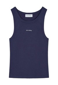Granatowy podkoszulek z prążkowanej tkaniny z okrągłym dekoltem i bez rękawów, z logo "OH APRIL" w białym kolorze na środku przodu. Gładka tekstura.