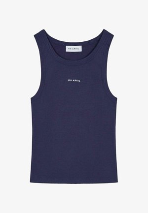 Laivastonsininen ribbipaita, jossa on pyöreä kaula-aukko, hihaton muotoilu ja valkoinen "OH APRIL" -logo etuosassa keskellä. Sujuva pinta.