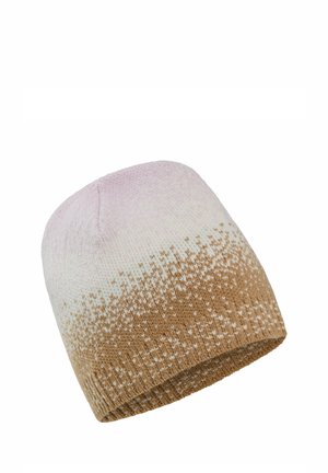 Dziana czapka typu beanie z gradientowym wzorem przechodzącym od jasnoróżowego do brązowego z białymi plamkami na całej powierzchni.
