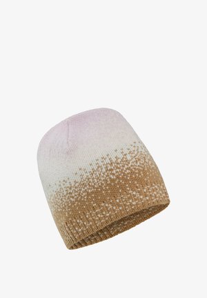 Gebreide beanie met een verloop patroon dat vervaagt van lichtroze naar bruin met witte spikkels eroverheen.