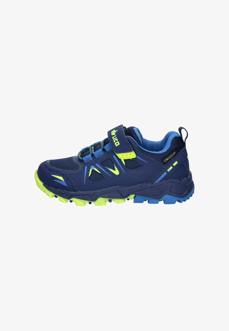 Blue athletic shoe with lime green accents, textured mesh and synthetic upper, adjustable strap, and rugged outsole for traction.