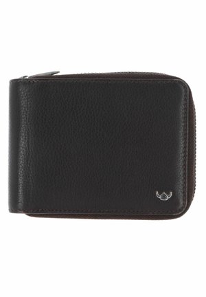 Black leather zip-around wallet with textured finish and small silver logo on bottom right corner.