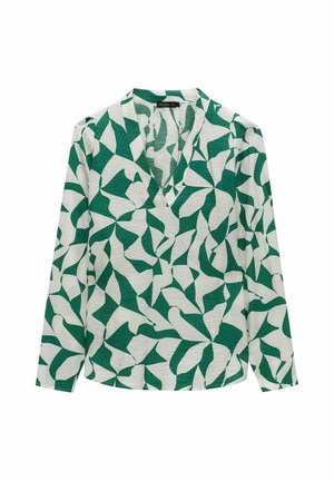 Langærmet skjorte i hvid med et grønt abstrakt bladmønster. Har en V-halsudskæring og en struktureret stof.
