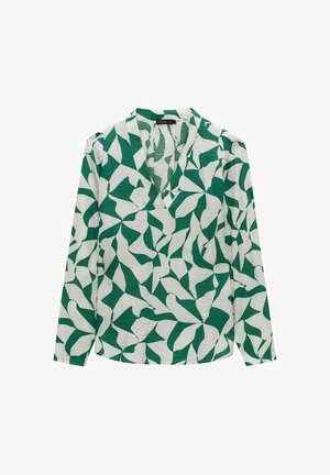 Langærmet skjorte i hvid med et grønt abstrakt bladmønster. Har en V-halsudskæring og en struktureret stof.